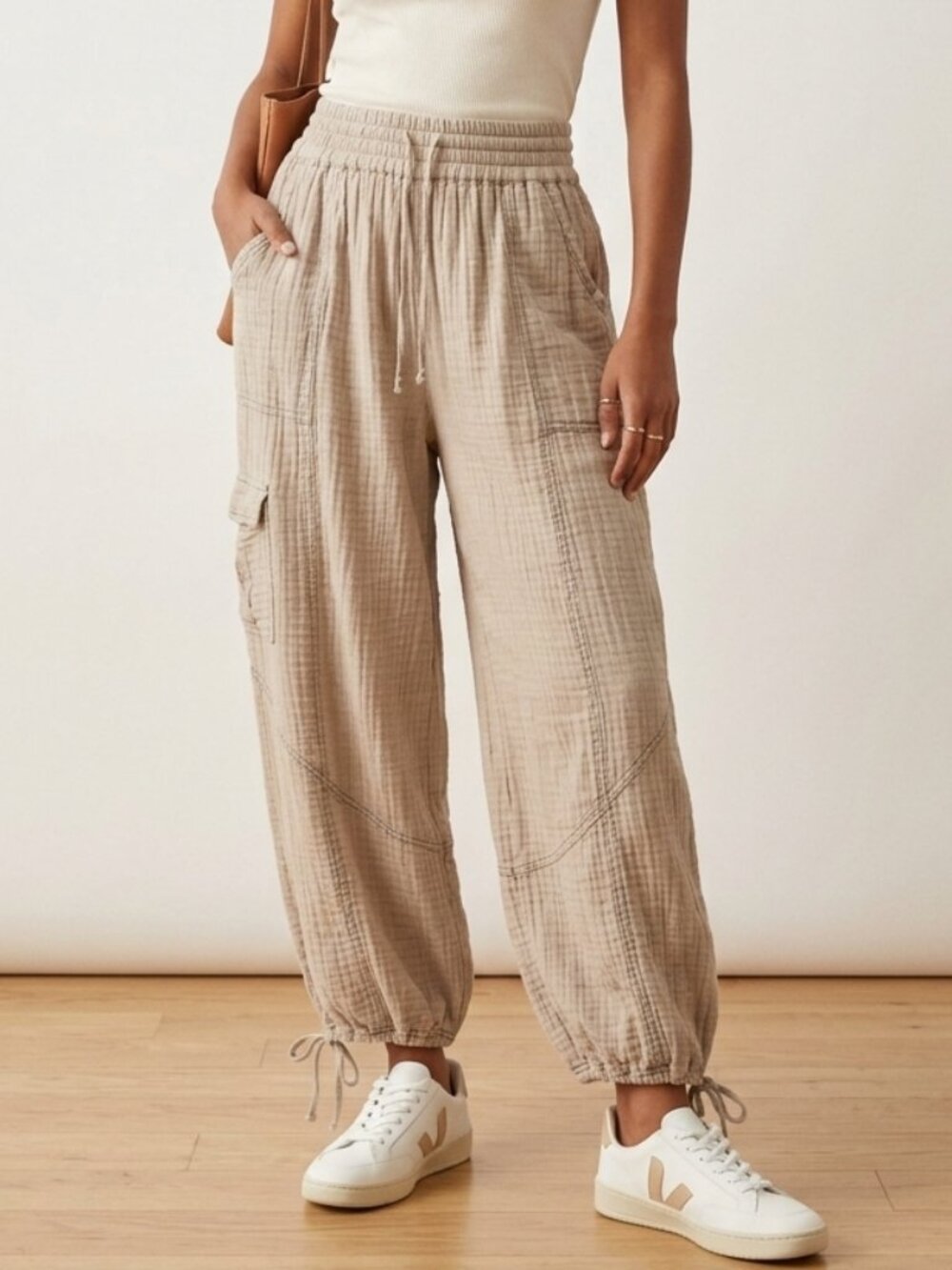 Out From Under Cabot Utility Cargo Lounge Pant Balloon Wide Leg Beige Gauze Sz M